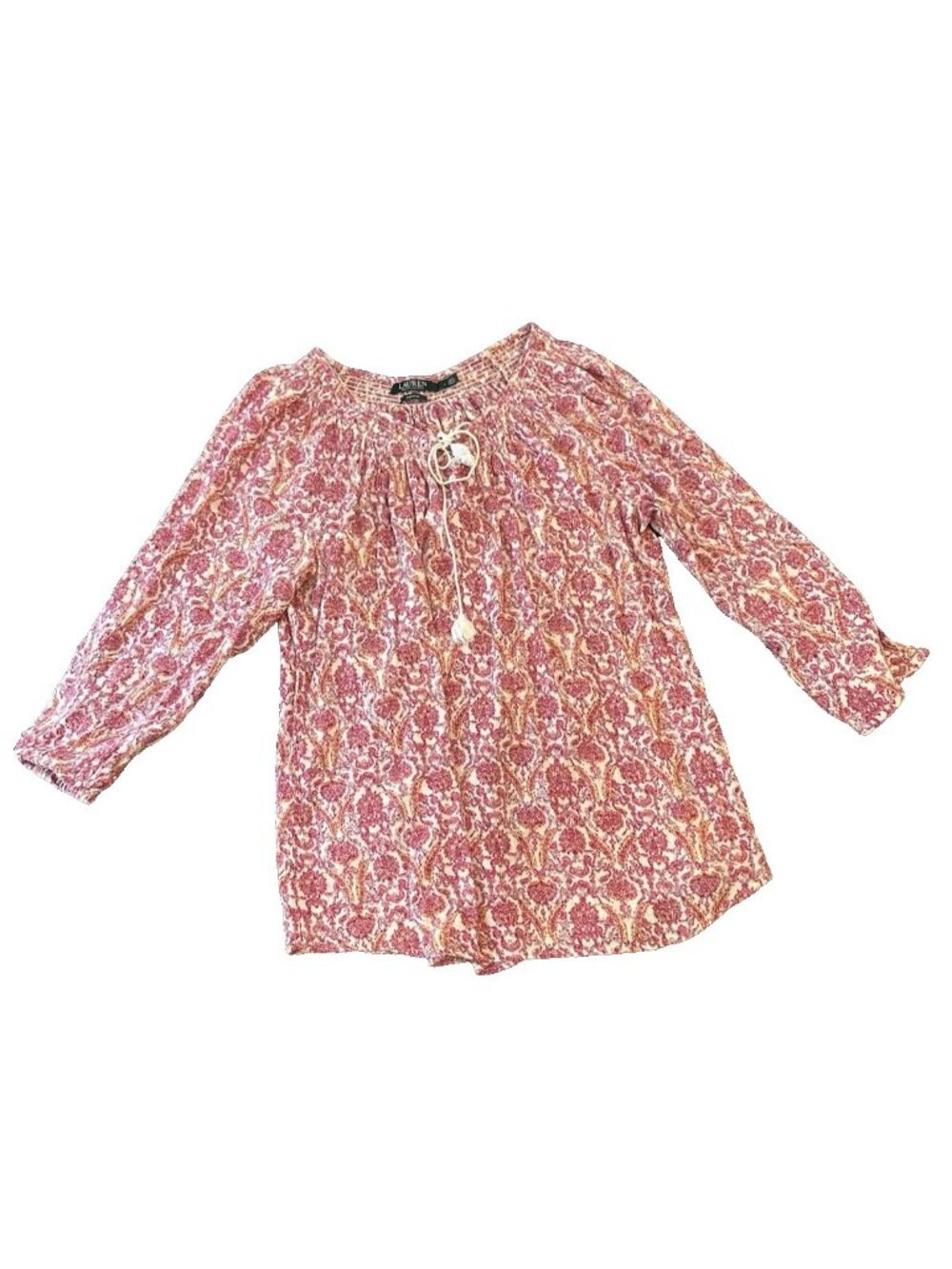 Lauren Ralph Lauren Womens Pink Pailey Peasant Top L Boho‎ Tassel Cottagecore